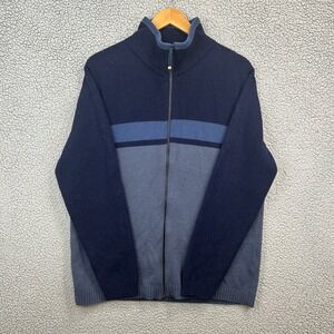 Vtg Celio Sweater Jacket Men's XL Navy Blue Color Block 100% Lambswool Full Zip